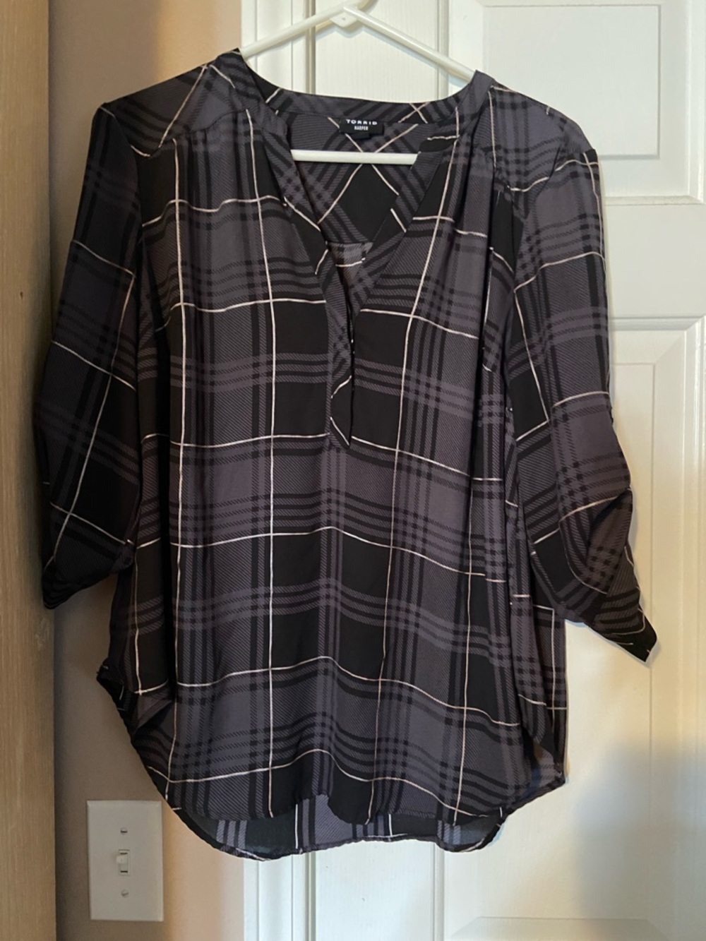 torrid Black & Gray Plaid Split-Neck Blouse